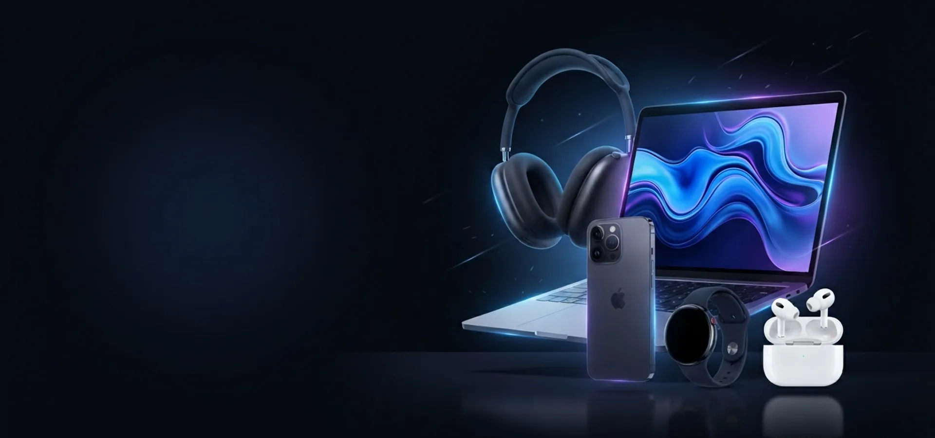 Smartphone, laptop, headphones and smartwatch over a blue glow