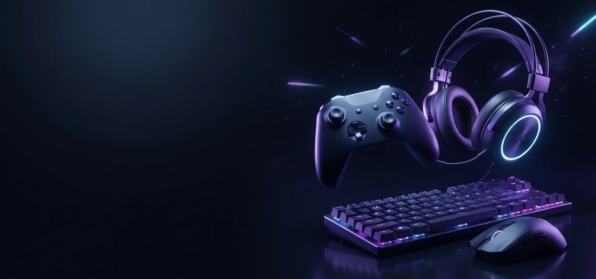 Gaming controller, keyboard and laptop in blue and violet light